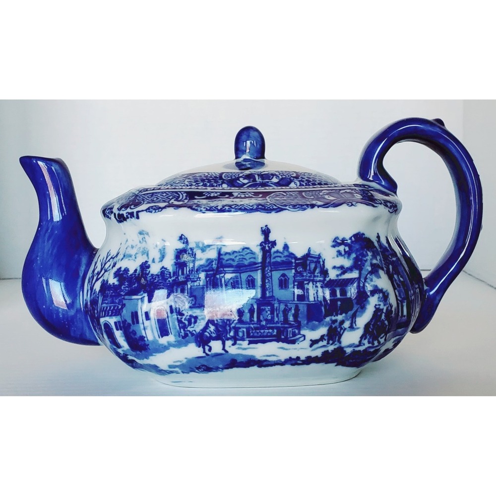 Victoria Ware Teapot Ironstone Willow Ware Flow Blue White Scenic Pattern w/ Lid
